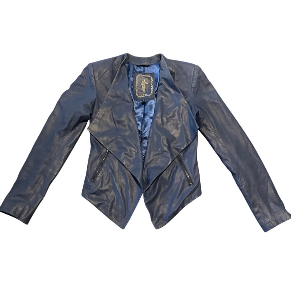 My Tribe Navy Blue Leather Drape Waterfall  Moto jacket (Size X Small)